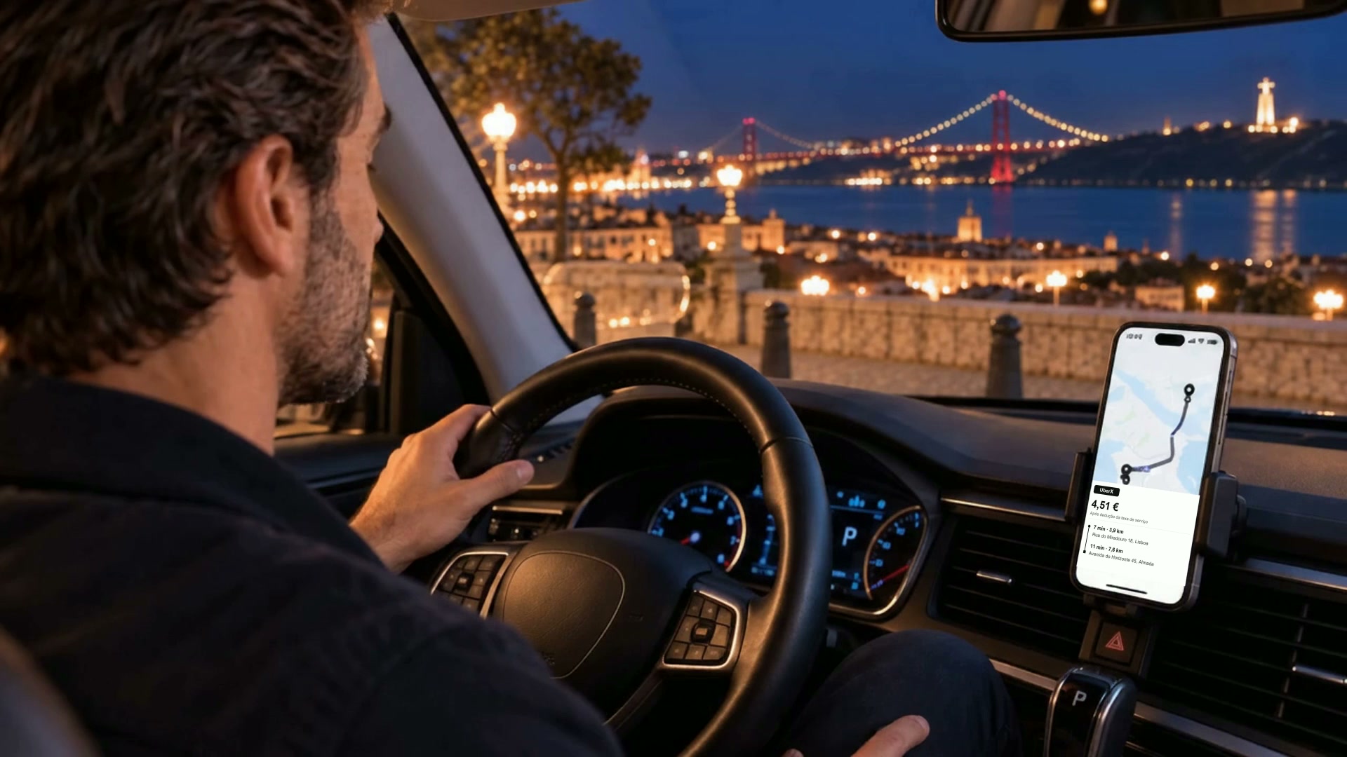 Motorista parado com uma oferta visível no telemóvel
